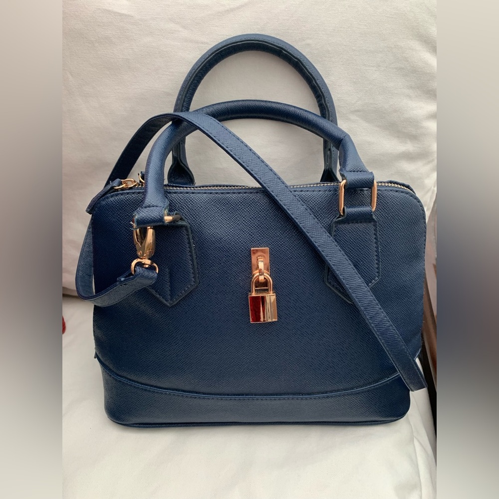 Blue satchel two way handbag top handle and crossbody